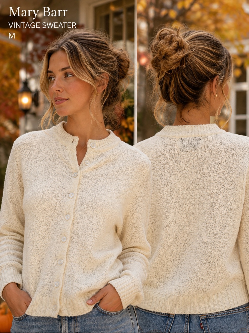 Mary Barr Vintage womens Button Up sweater Medium Ivory cottagecore knit cardi - Picture 14 of 14
